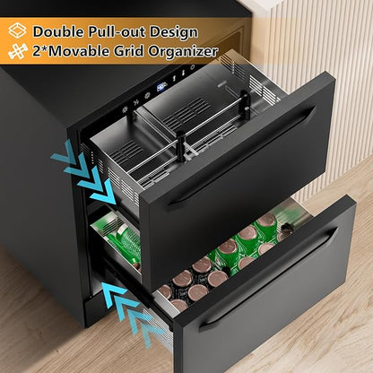 24 Inch Under Counter Dual Drawer Beverage Fridge, Weather Proof Outdoor Beverage Refrigerator for Patio, Stainless Steel Built-in Beverage Cooler for Home & Commercial Use, Black