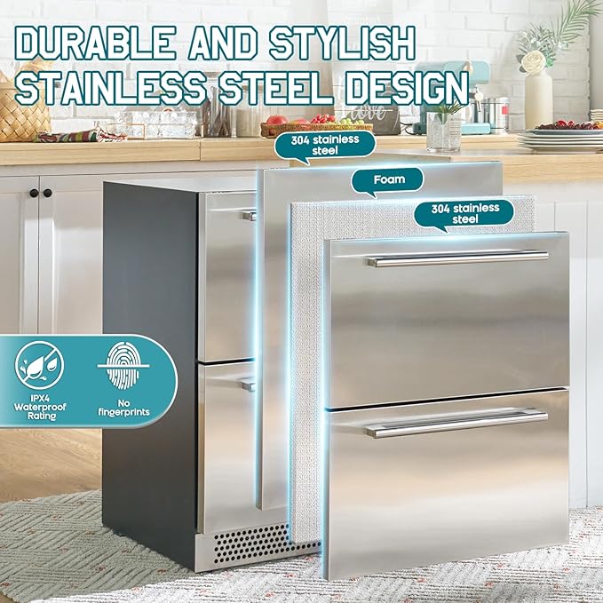 Albott 24 Inch Under Counter Drawer Fridge – Stainless Steel Beverage Refrigerator with Dual Drawers, LED Touch Control, Adjustable Storage, Frost-Free, Low Noise, 34-72℉, for Indoor or Outdoor Use